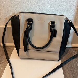 Coach Mini Leather Colorblock Satchel Black Cream Crossbody